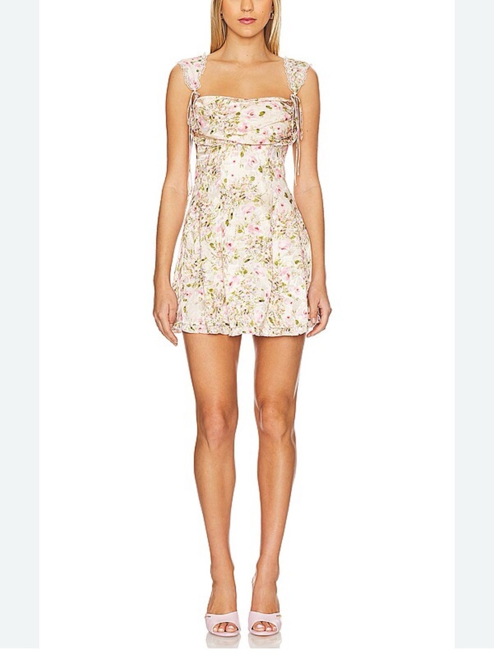 NWT For Love & Lemons Floral Lace-Trim Slip Dress with Pink Accents